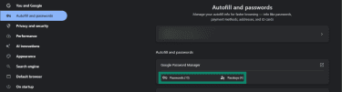Screenshot showing the Passwords and Passkeys options highlighted in the Autofill and passwords section of the settings menu of Google Chrome.