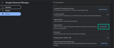 Screenshot showing the Download file option highlighted in the Settings menu of Google Password Manager.
