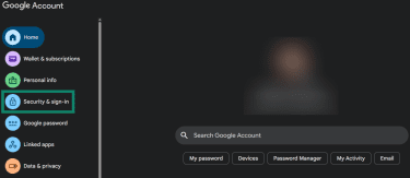 Screenshot showing Google's My Account menu with the Security & sign-in option highlighted.
