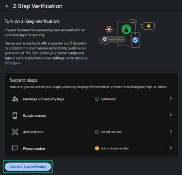 Screenshot of Google's 2-Step verification menu after adding a new Authenticator app and the Turn on 2-Step Verification option highlighted.