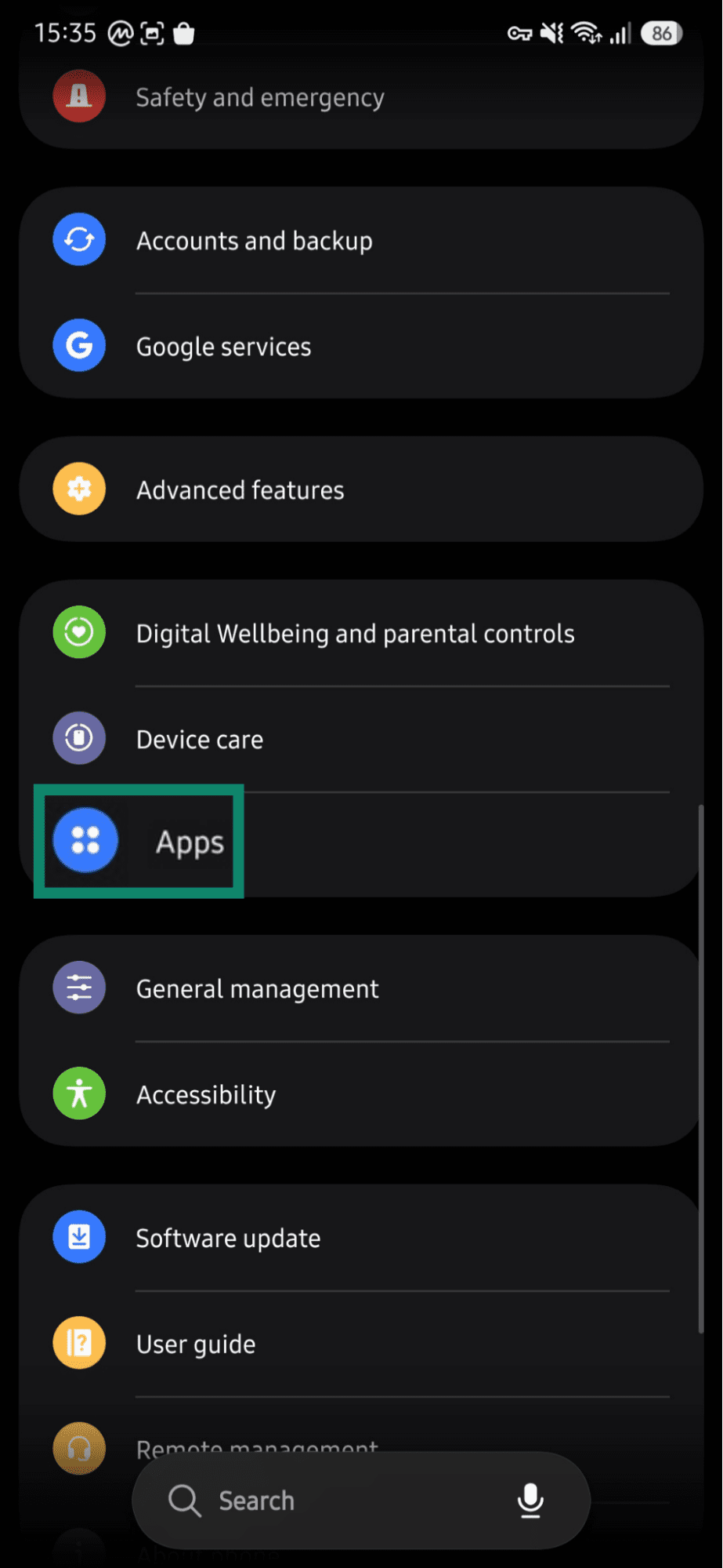 Android settings showing the "Apps" option highlighted.