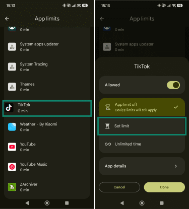 App limits list, highlighting the "TikTok" app selection, and the TikTok app limit configuration screen, highlighting the "Set limit" option and the "Done" button.