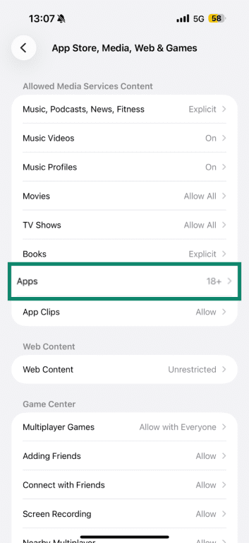 app store option shown under allowed media services content