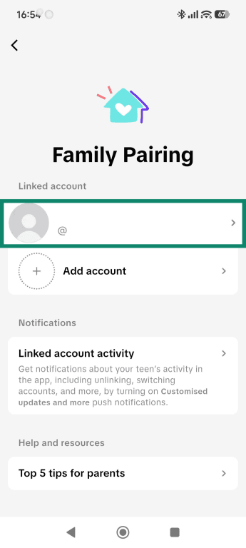 Family Pairing main screen, highlighting the linked account.