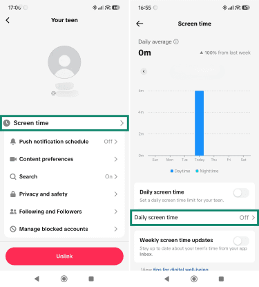 Screen time settings page, highlighting the Screen time and Daily screen time options.