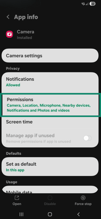 Permissions option in the Camera app settings on Android