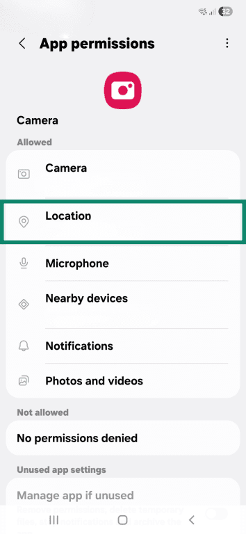 Location permission option in the Camera app permissions on Android