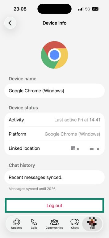 WhatsApp linked device info with the Log out button highlighted.