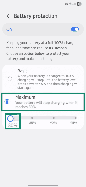 Maximum battery protection settings with automatic charge stop thresholds.