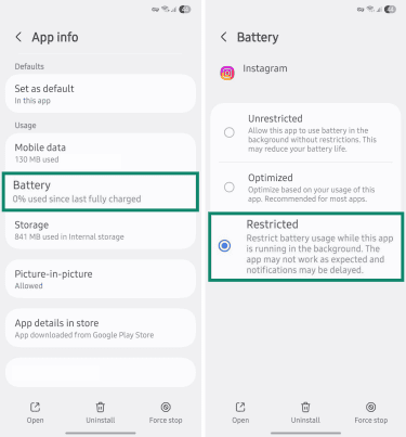 Restricted battery mode for apps running in the background.